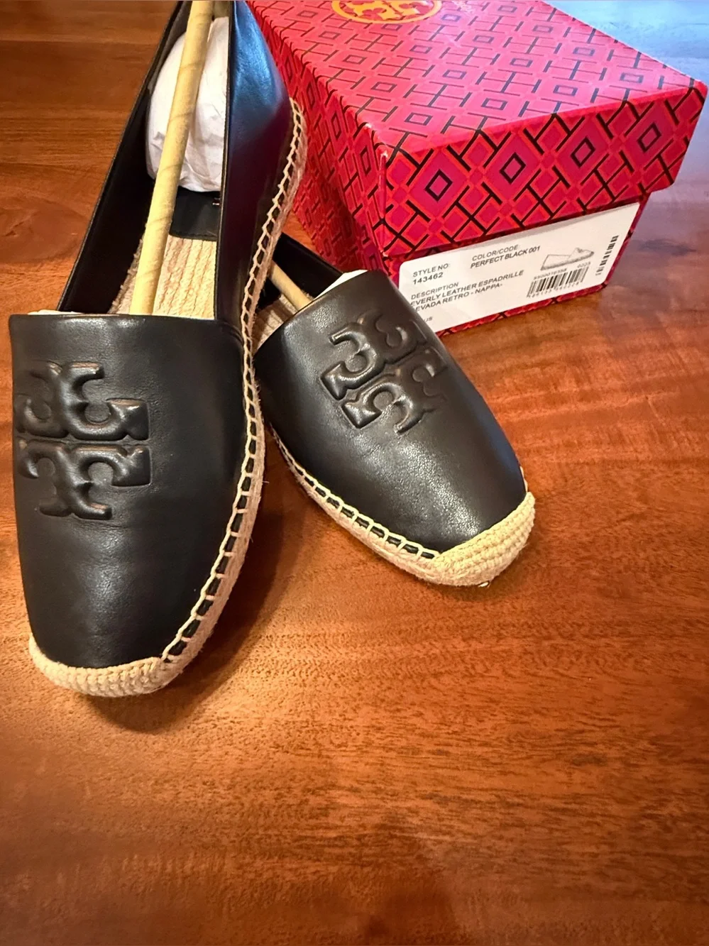 Tory Burch Ines Black Leather Logo Espadrille Flats with Jute Trim